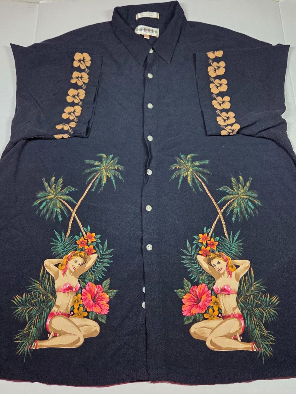Campia Gold Men's XXL Hula Girl Black Short‎ Sleeve Hawaiian Button-Up Relaxed